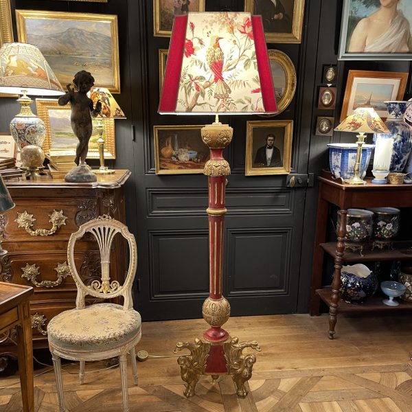 Tripod Floor Lamp In Painted Wood With Griffin Decor, Height 173 Cm