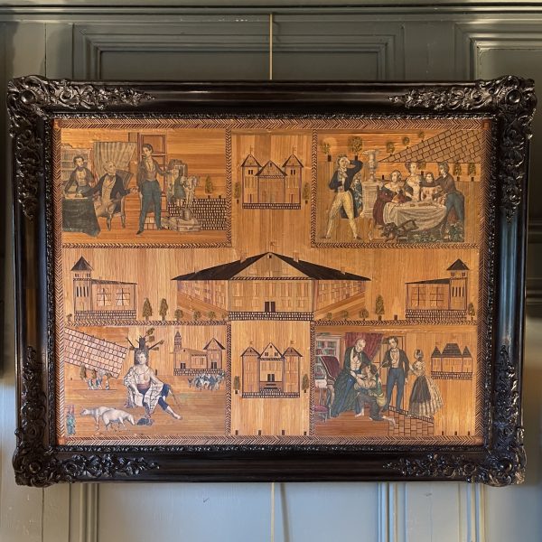 Le retour de l'Enfant prodigue, marqueterie de paille et gravures XIXème