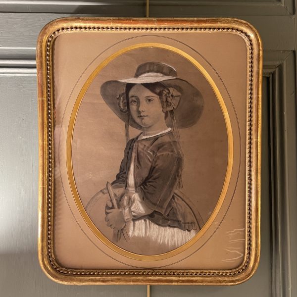Portrait d'une petite fille au cerceau, dessin XIXème
