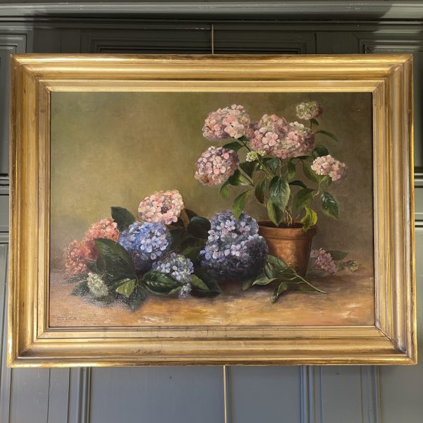 Hortensias dans un pot en terre cuite, grande huile sur toile datée 1912