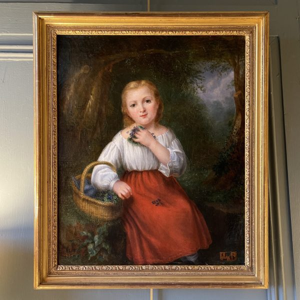 Portrait d'une petite fille aux fleurs de Violettes, daté 1866