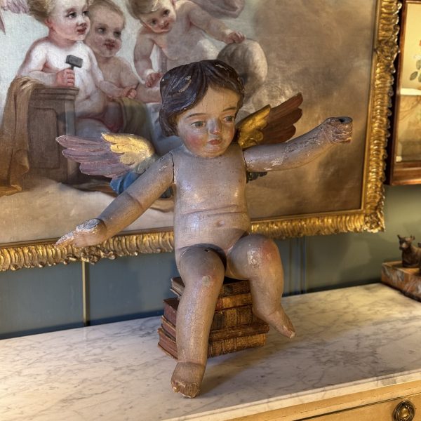 Grand Ange, Putto en bois sculpté polychrome XVIIIème