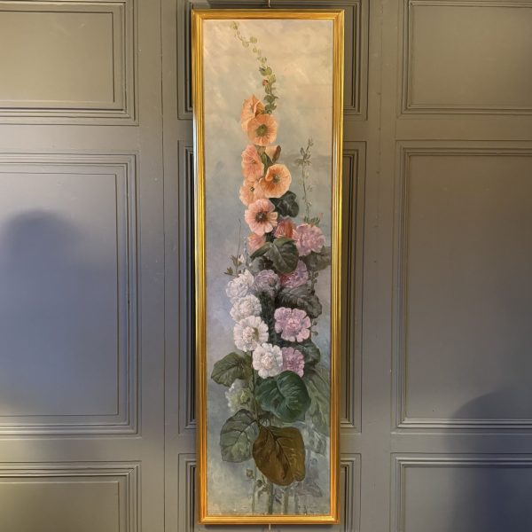 Important tableau de roses trémières daté 1903