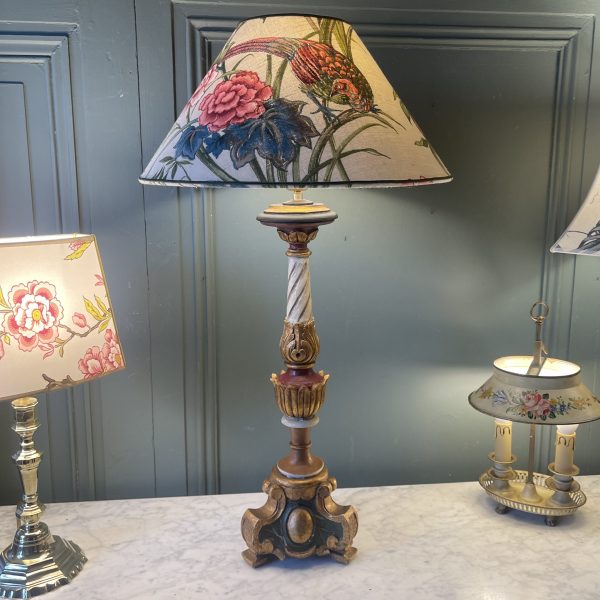 Large Polychrome Painted Wooden Lamp, Height 72 Cm