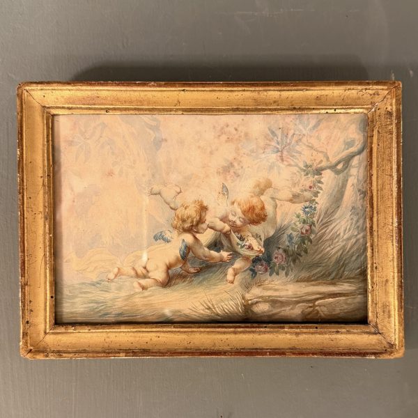 Putti And Garland Of Flowers, 19th Century Watercolor