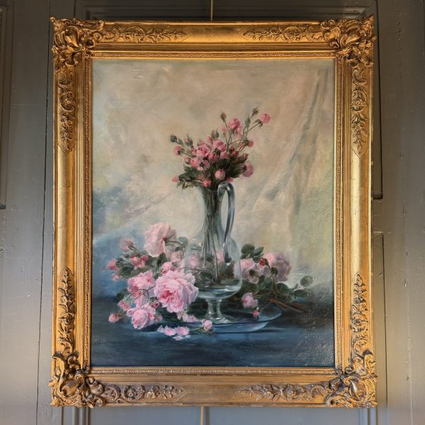 Bouquet de roses anciennes, huile sur toile XIXème