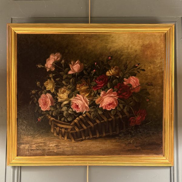 Jetée de roses anciennes, huile sur toile XIXème