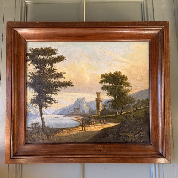 Vue d'Oberwesel depuis le bord du Rhins, paysage animé XIXème