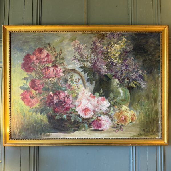 Grand tableau de fleurs, roses et lilas signé A. Wolf