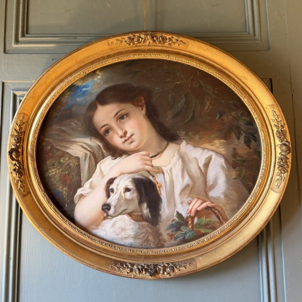 Portait d'une jeune fille au chien, pastel XIXème d'après Cécile Berthe Lafosse