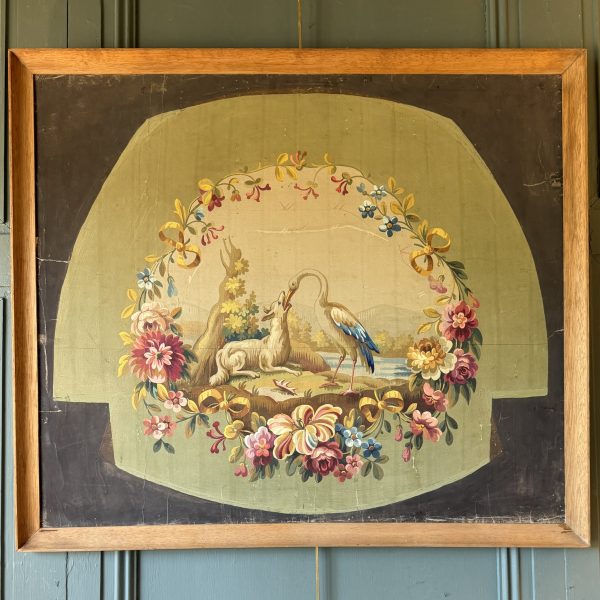 Carton de tapisserie d'Aubusson " Le renard et la cigogne" d'après les fables de la Fontaine