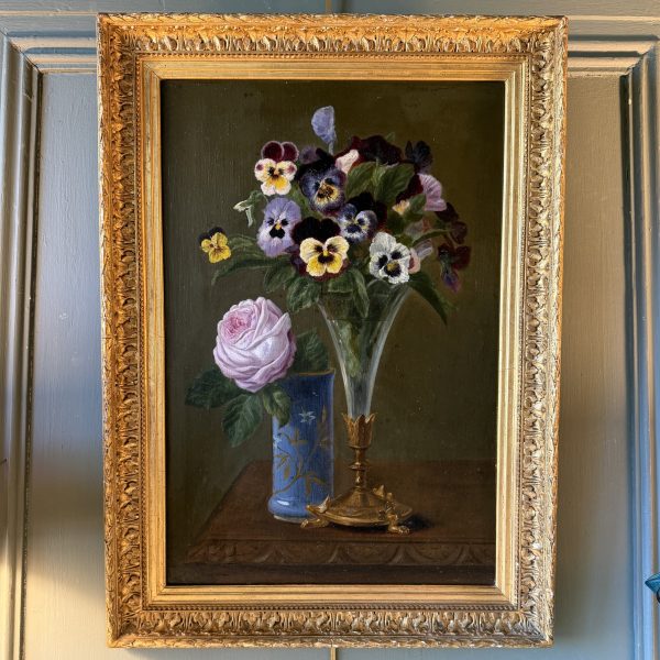 Tableau de fleurs XIXème, rose et pensées