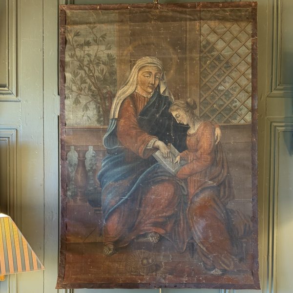 Grande toile peinte XVIIIème, l'Éducation de la Vierge