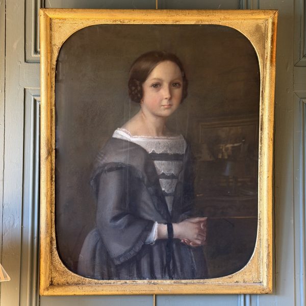 Grand portrait romantique d'une jeune fille, pastel XIXème