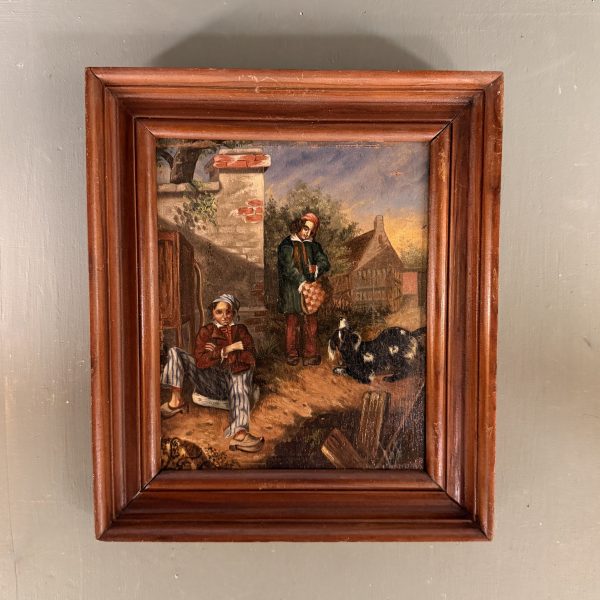 Tableau XIXème, scène de vie paysanne avec personnages et chien