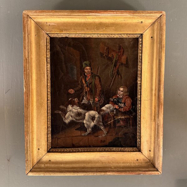 Petit tableau XIXème, scène de chasse avec personnages et chiens